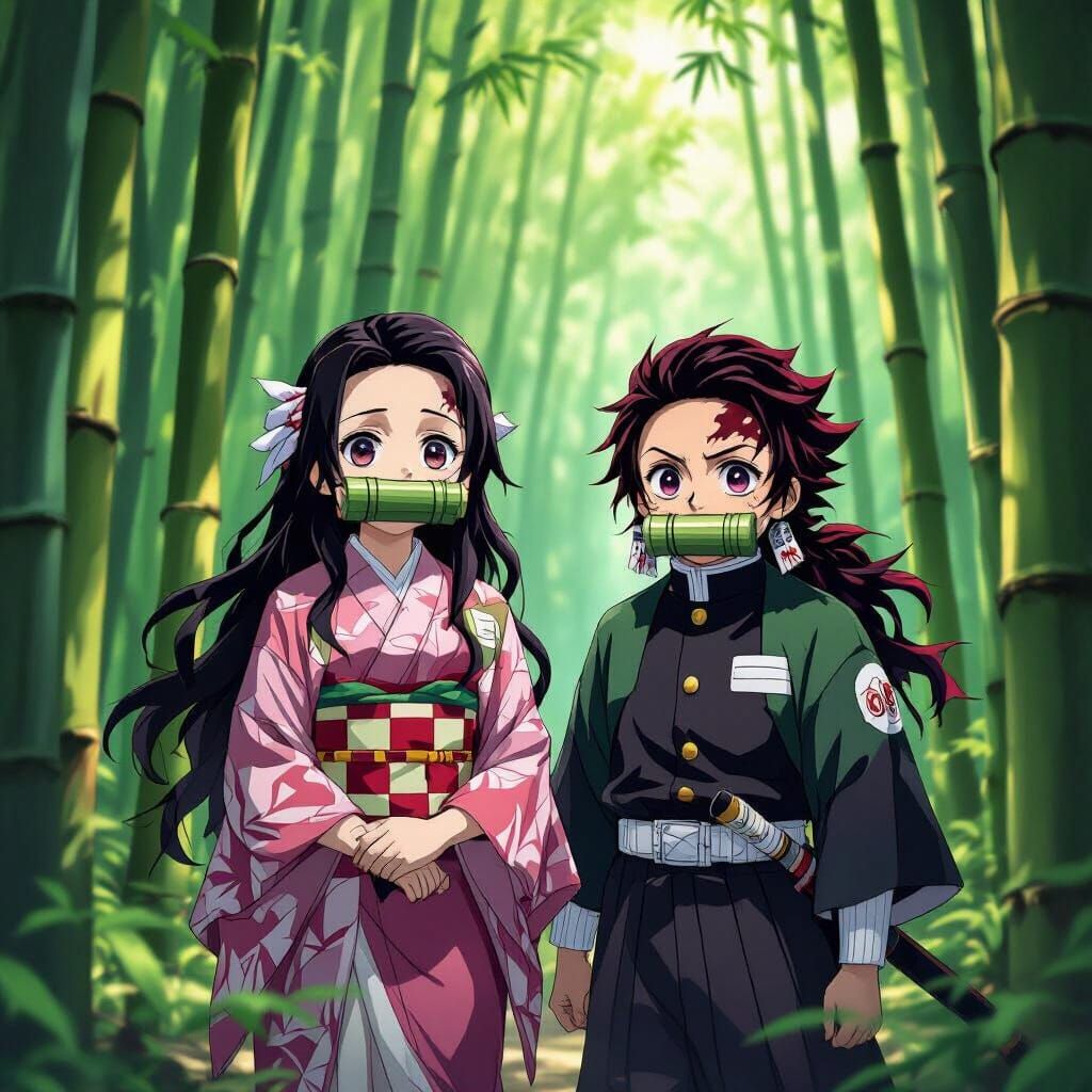 Nezuko and Tanjiro in Bamboo Forest Anime Style