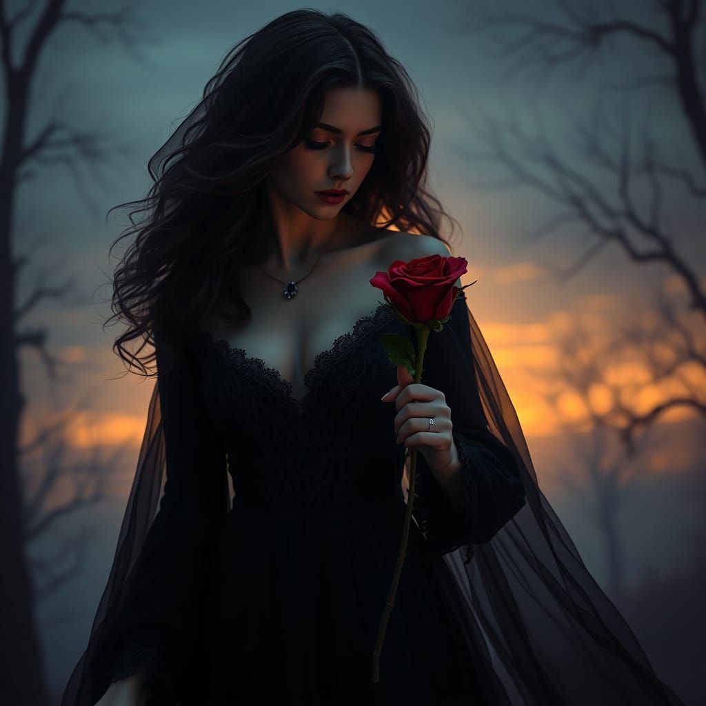 Dark Fantasy Heroine in Twilight with Blood-Red Rose
