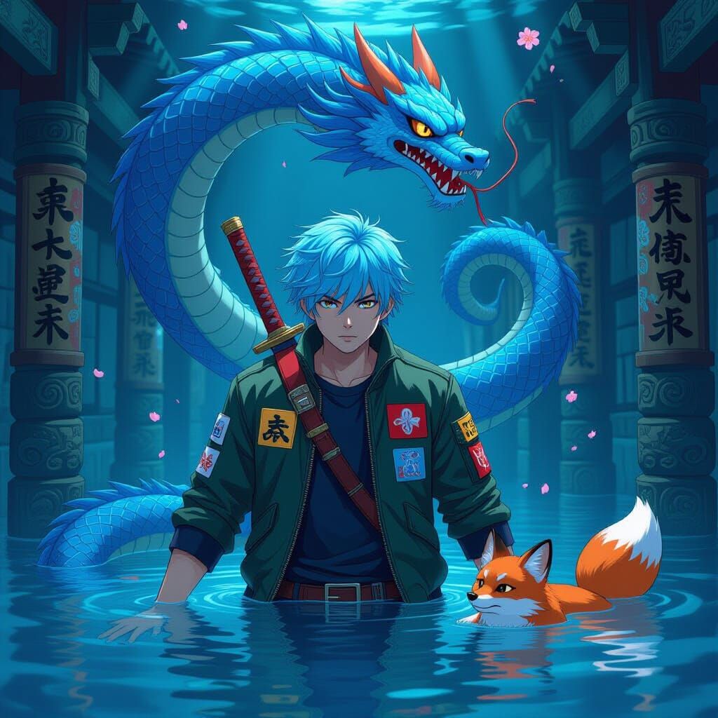 Anime Hero and Dragon in Asian-Influenced Room
