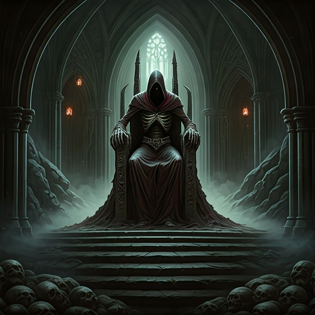 Grim Figure on Twisted Throne in Dark Underworld