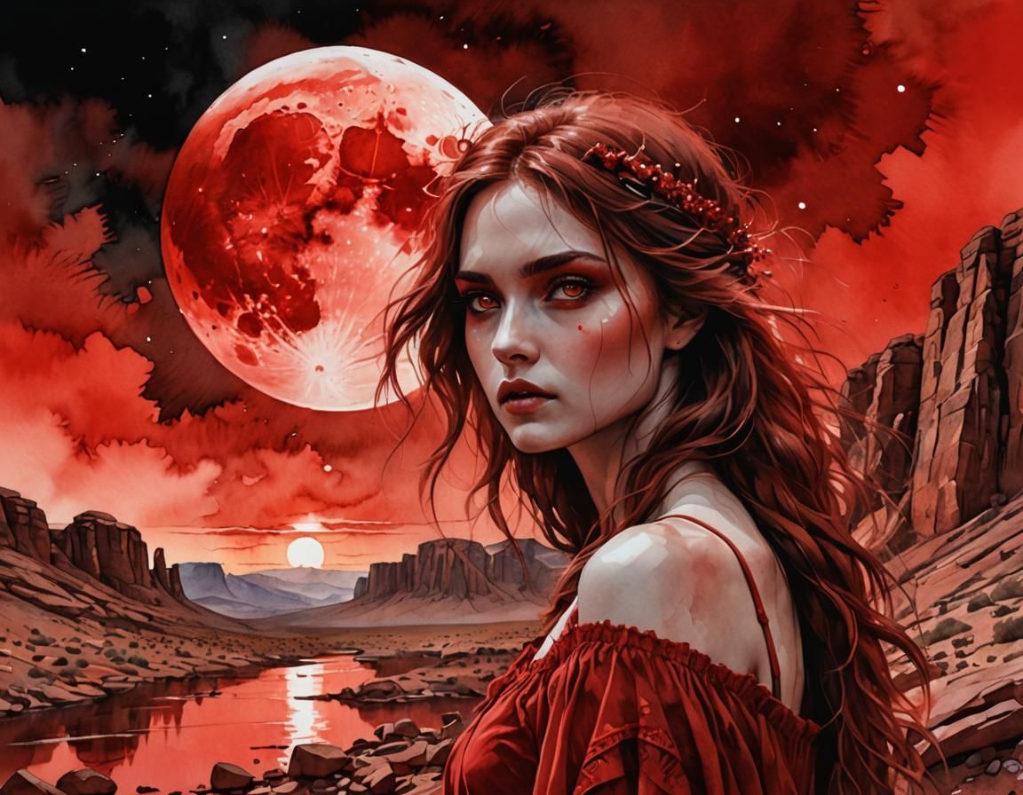 Monochromatic Red Summerscape Digital Watercolor Illustratio...