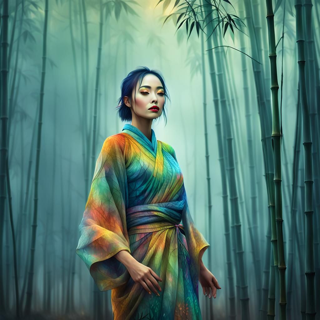 Astonished Bamboo Girl in Misty Forest: Digital Art