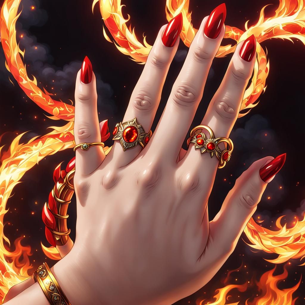 Anime Close-Up: Fiery Rings and Red Nails