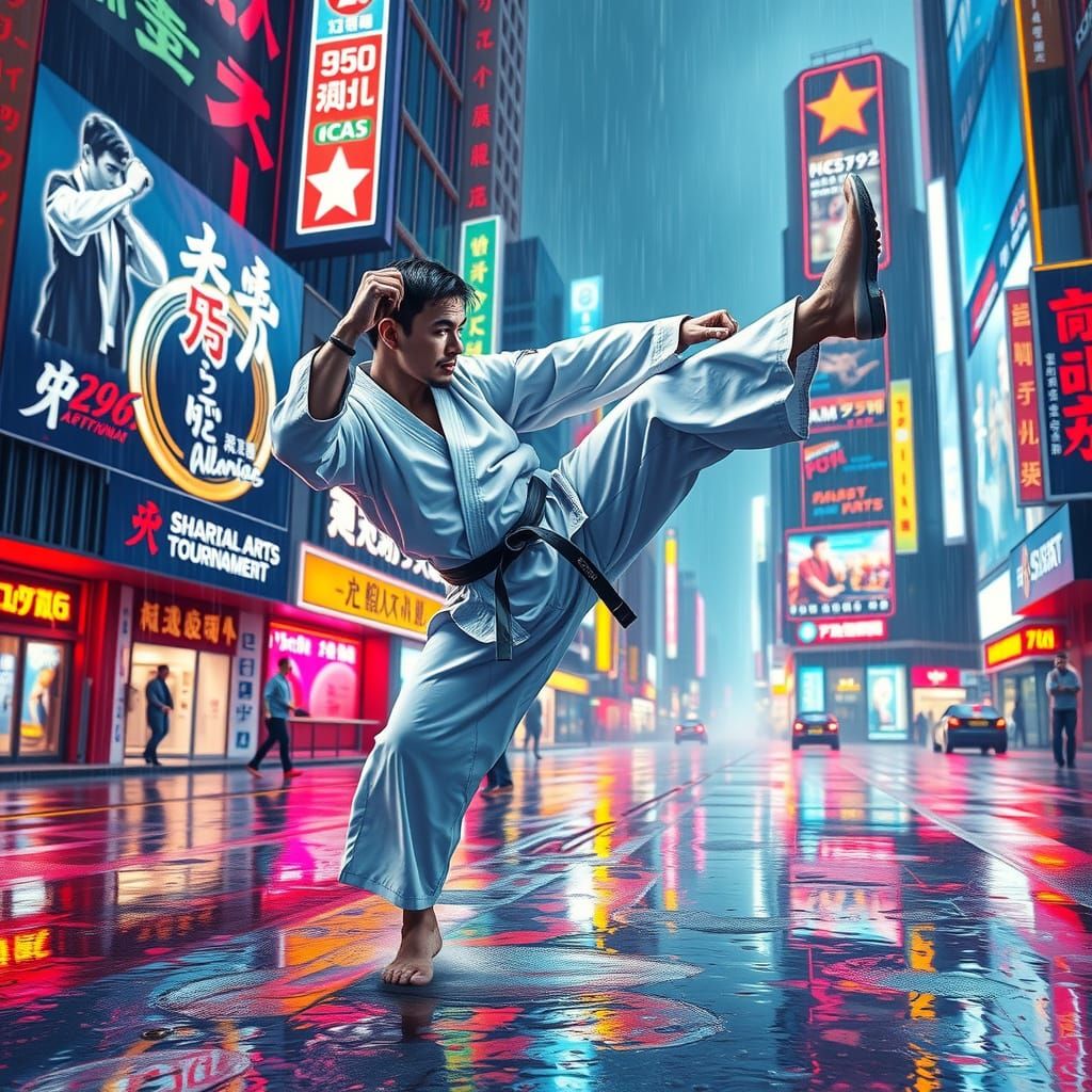 Cyberpunk Karate Master Flying Kick