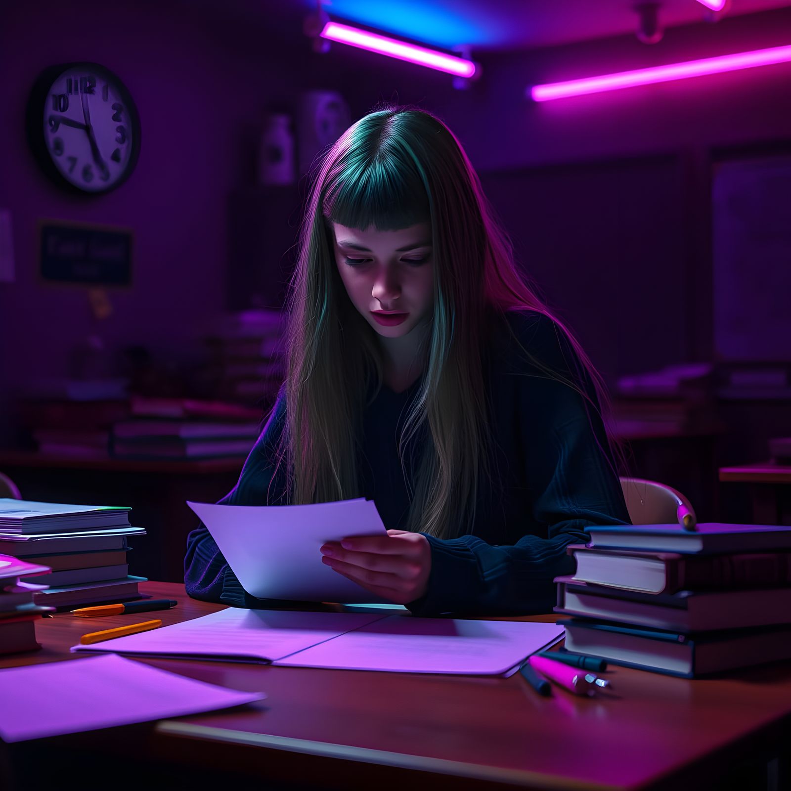 Green Haired Student Studying Under Neon Lights