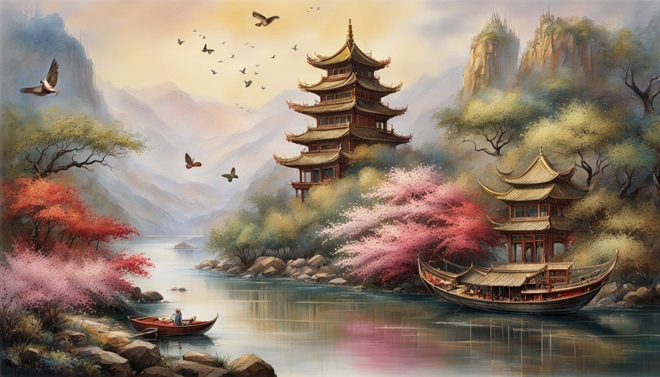 Misty Chinese landscape at dawn in spring