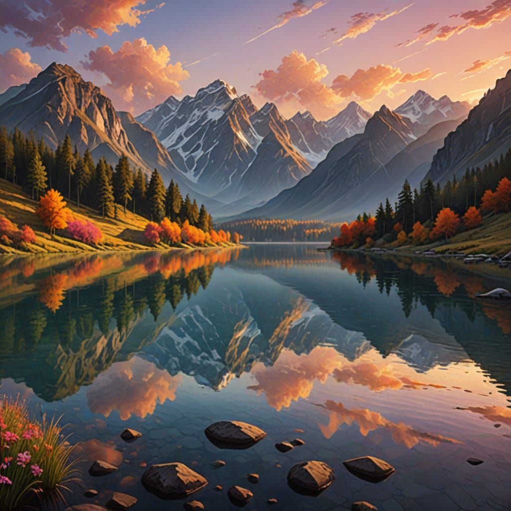 Vibrant Sunrise Mountainscape with Lake