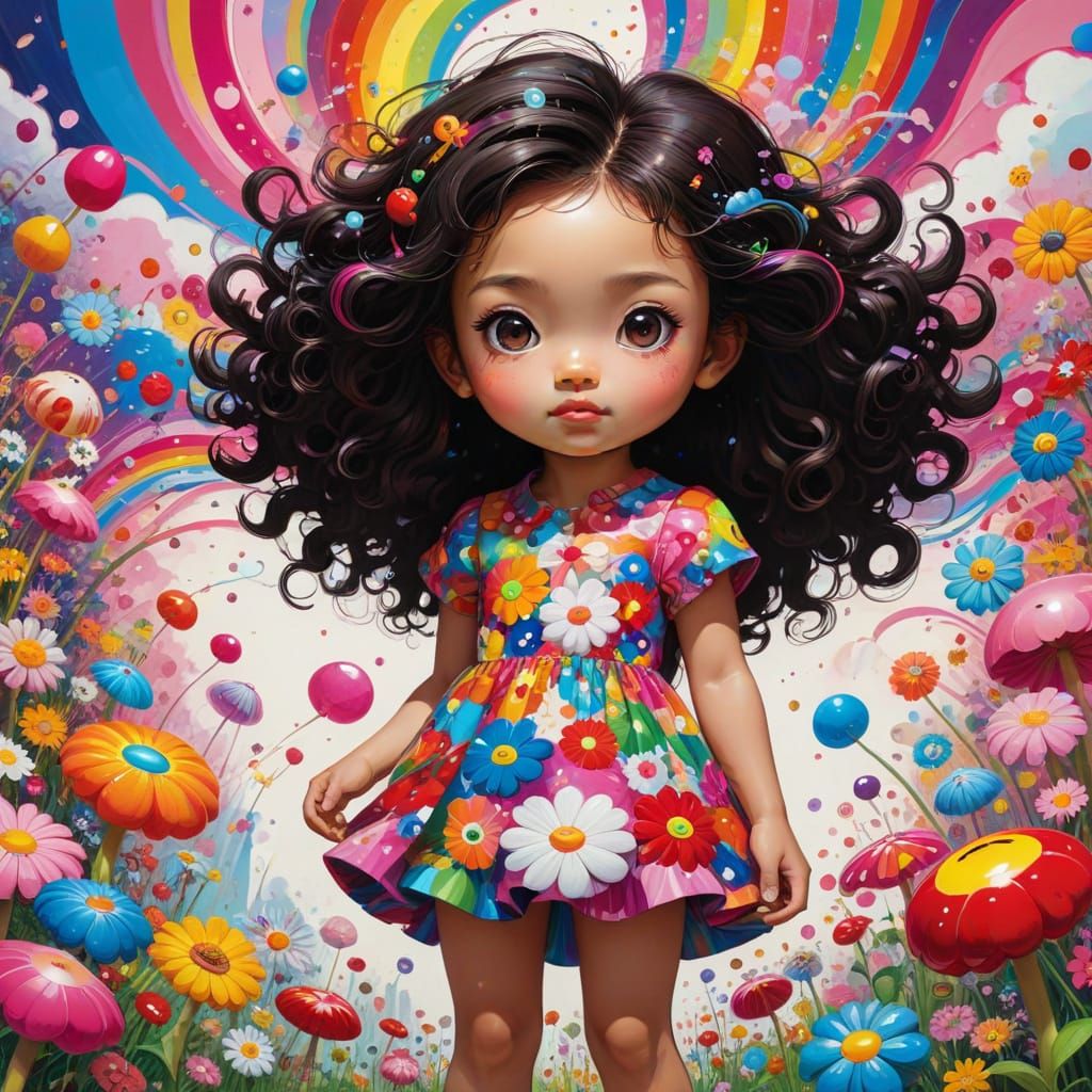 Psychedelic Chibi Girl in Recursive Optical Art Meadow