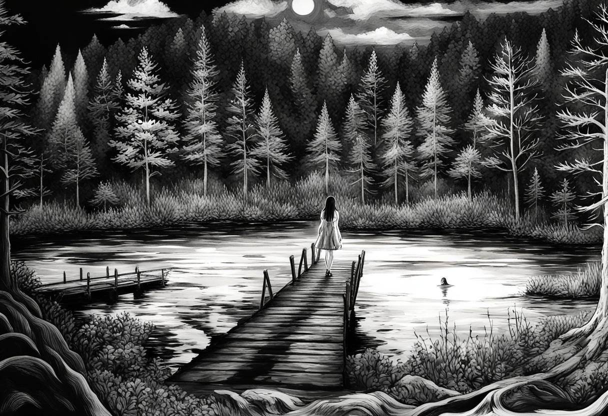 Nightmarish Pencil Art of Ghost Girl on Bridge