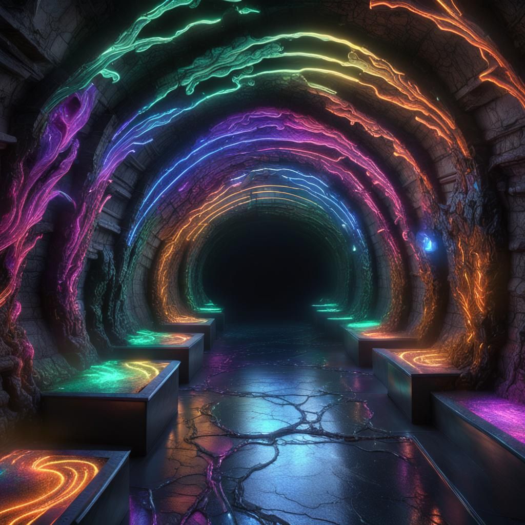 Iridescent Marble Tunnels with Neon Crystals