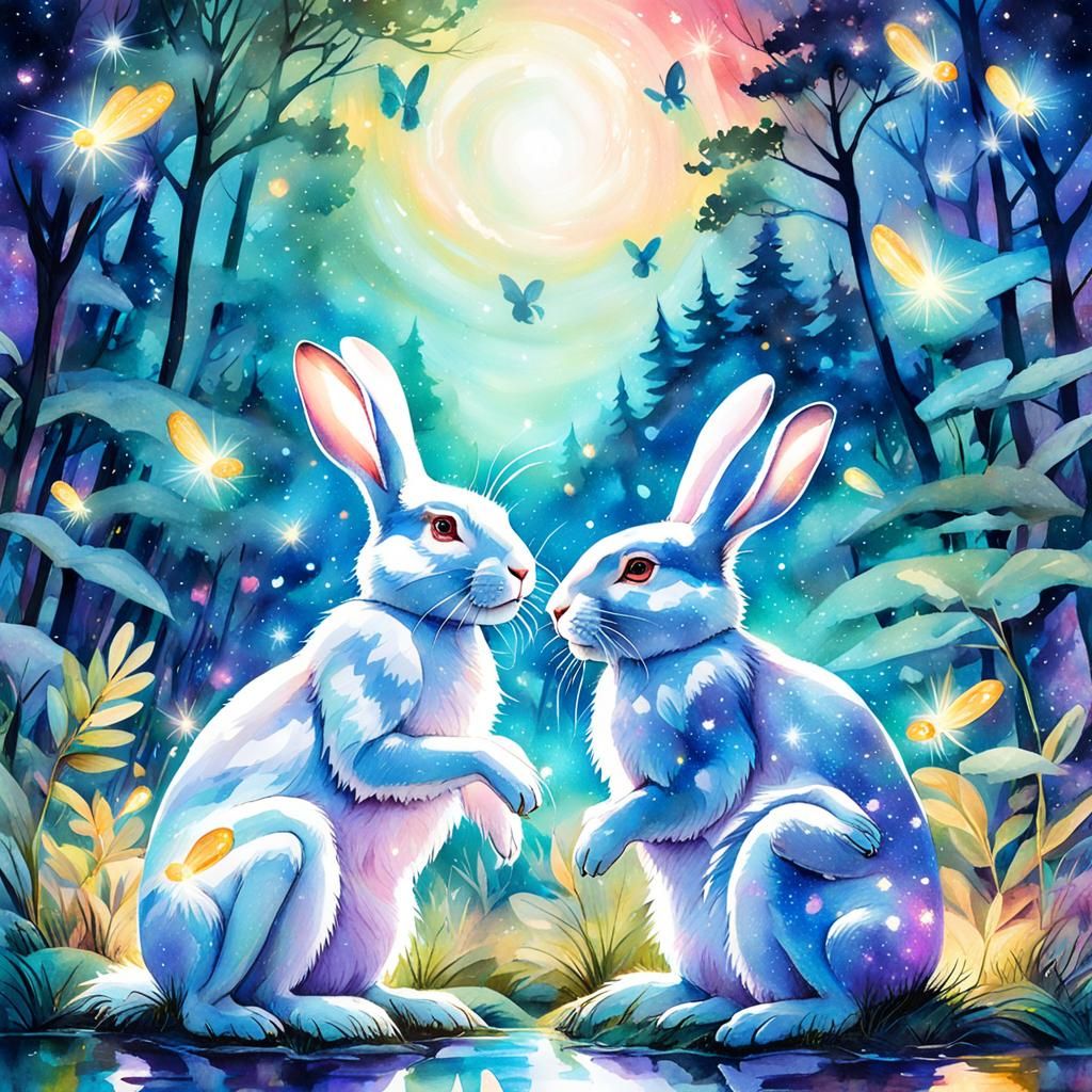 Dreamy Rabbits in Love, Watercolor Illustration