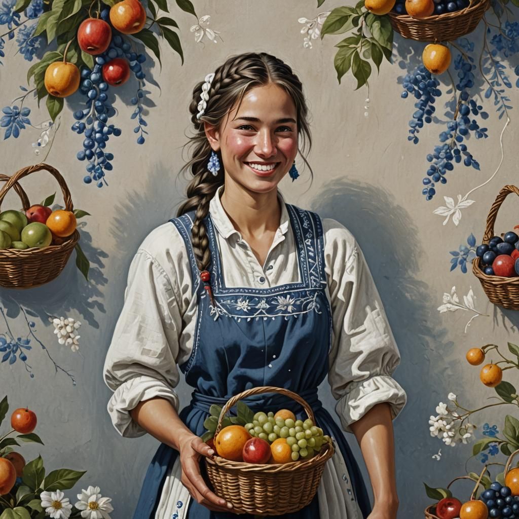 Peasant Girl Portrait with Fruit Basket in Hyperrealism
