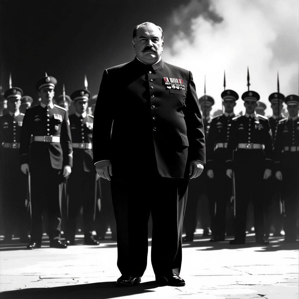 Stout Dictator in Black Suit with Military Forces