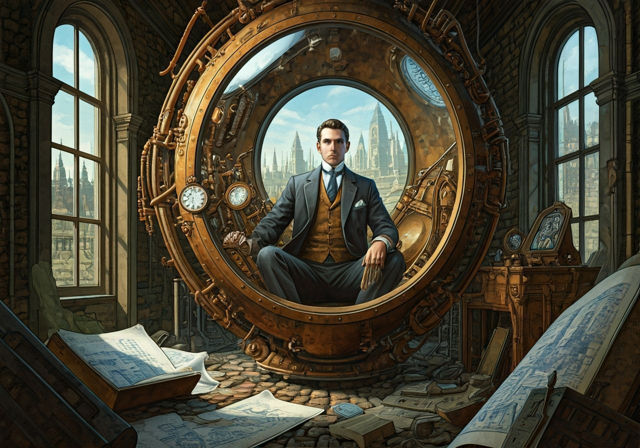 Steampunk Inventor in Time Machine, Gouache Painting