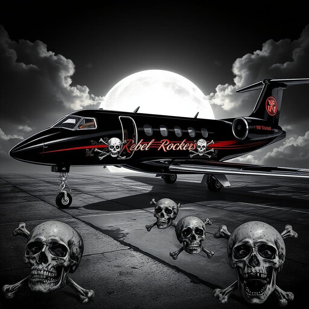 A luxury black private jet, in a gothic style of skulls and bones. 'Rebel Rockers' logo along it side *add a gothic back...