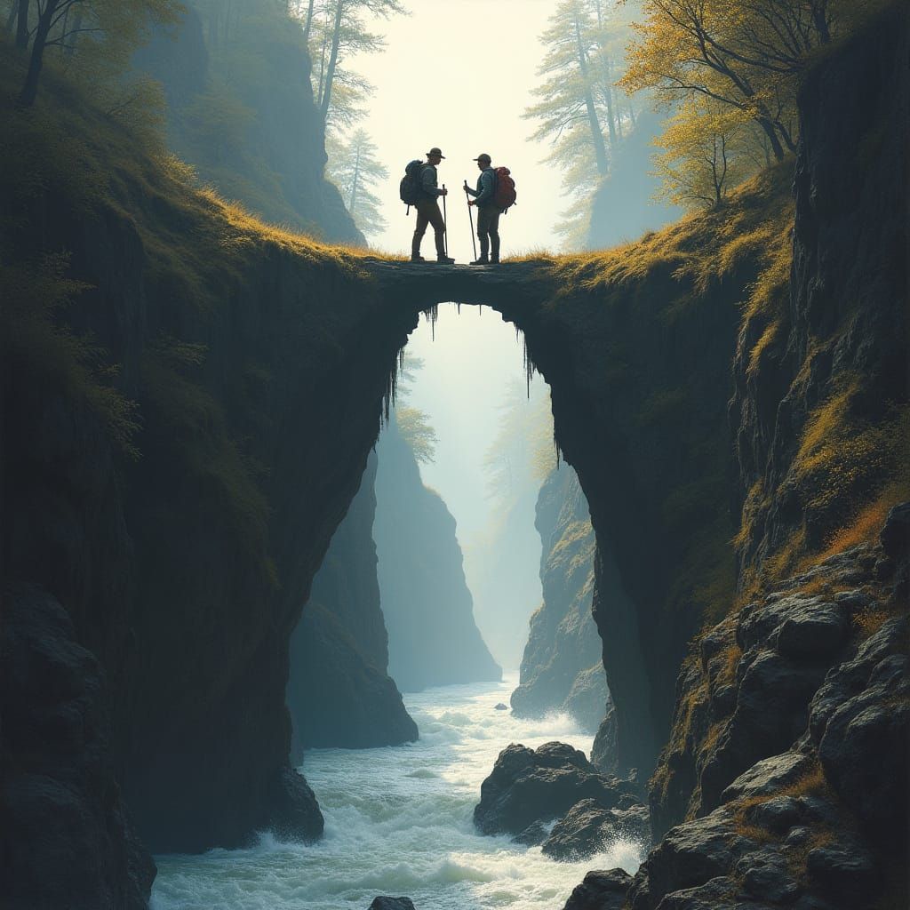 Hikers on Cliffside Path in Romantic Style