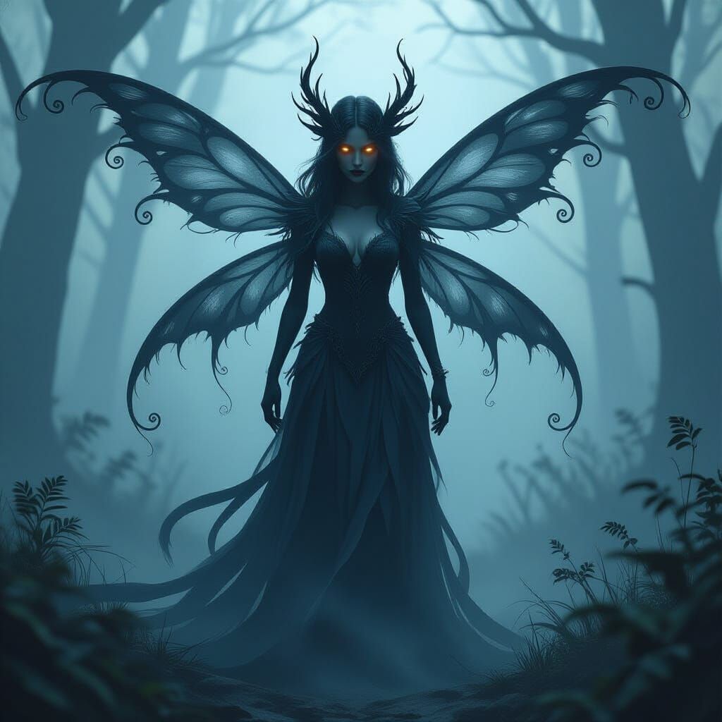Shadow and Smoke Fairy in Eerie Twilight Forest