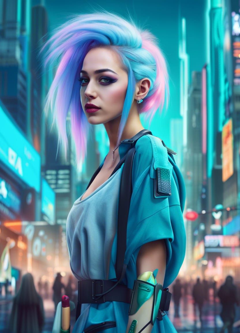 Cyberpunk Painter Girl in Futuristic Cityscape