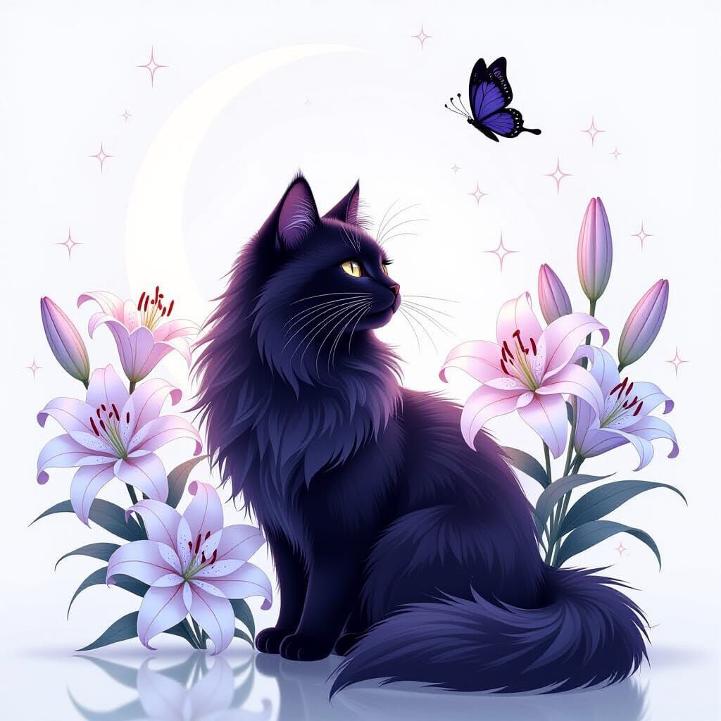 Mystical Black Cat Among White Lilies and Stars