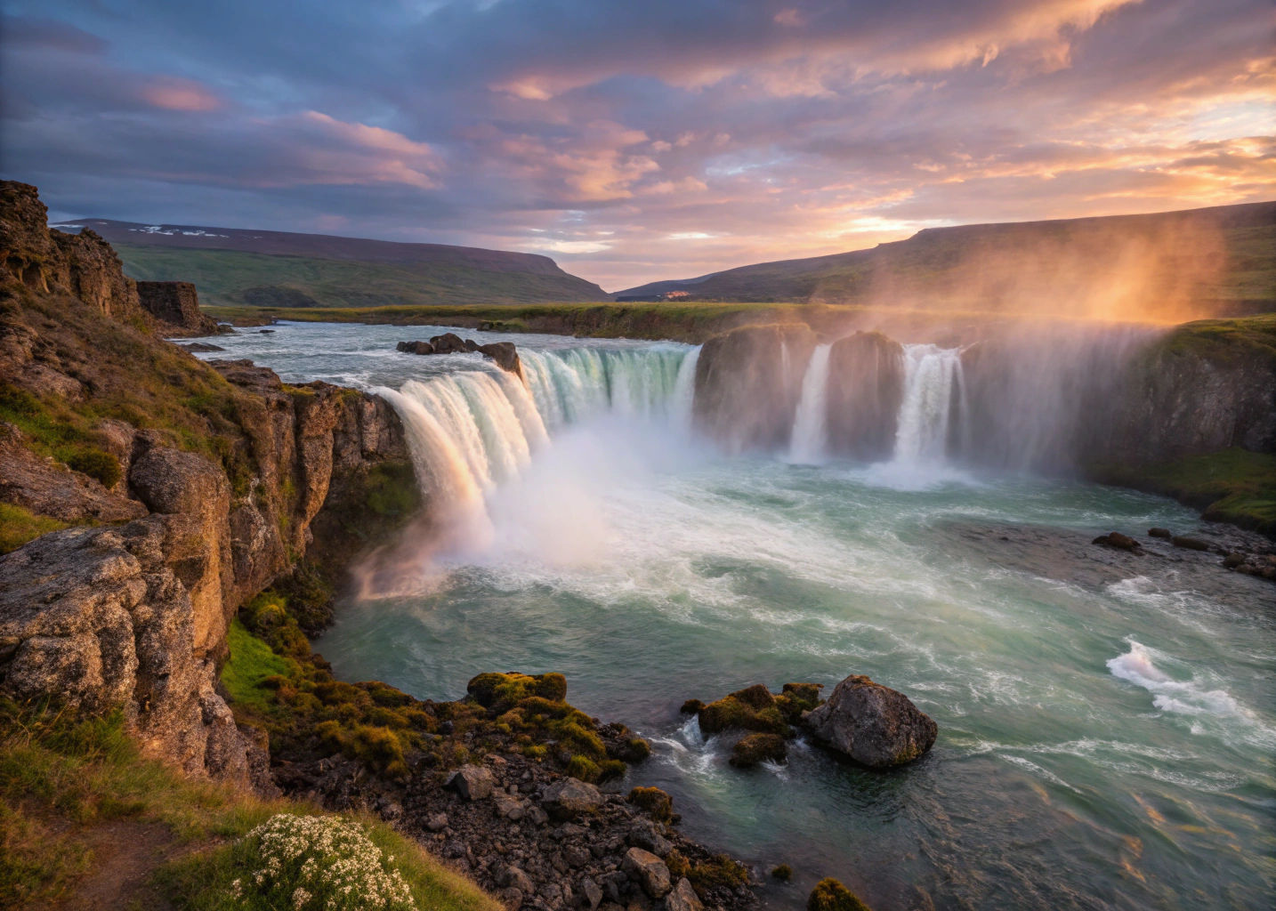 Goðafoss Waterfall at Dusk: A Romantic Landscape