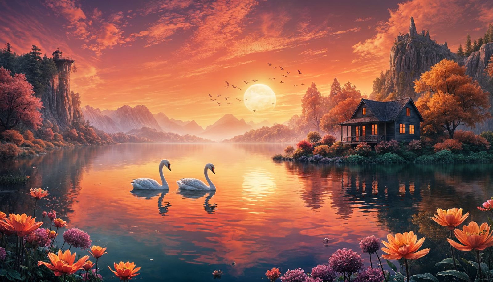 Crimson Sunset Over Lake with Swans