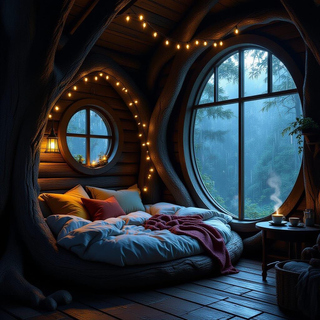 Cozy Treehouse Bedroom With Rainy Forest View