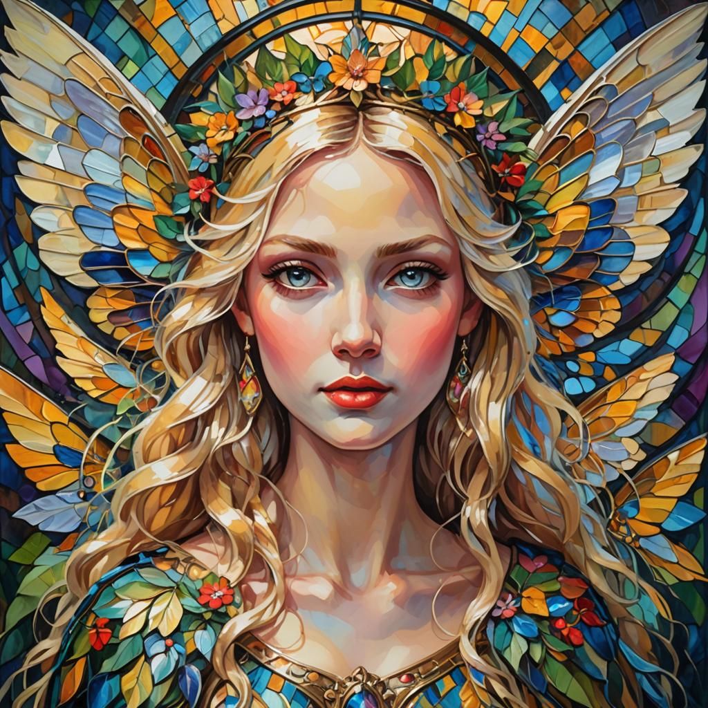 Beautiful blonde attractive  Fairy queen with stained glass ...