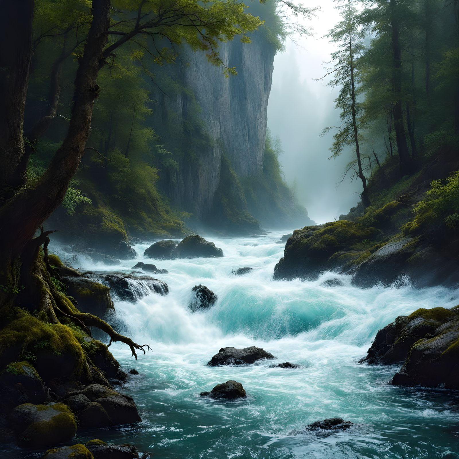 Rushing Water Cascades Through a Dense, Lush Forest by a Tow...