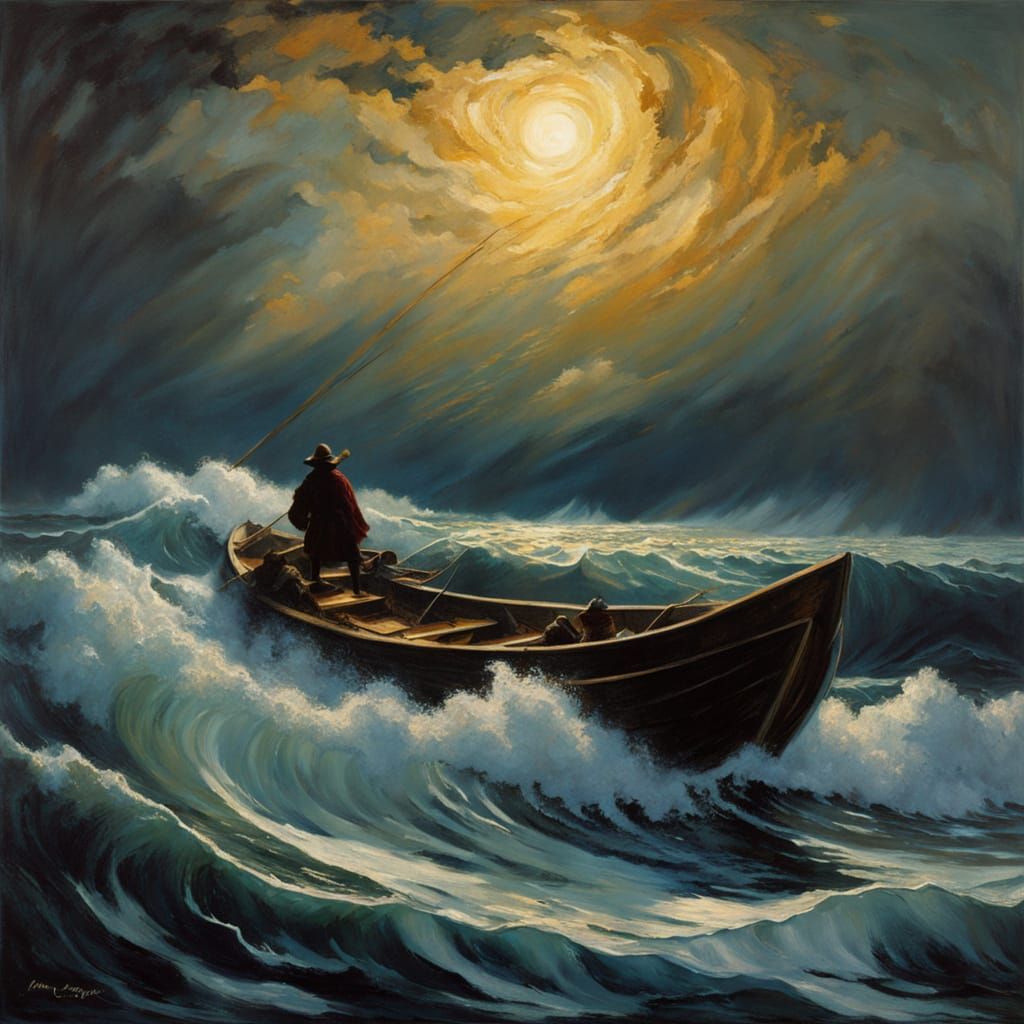 Mystic Fisherman Battles Cosmic Tempest in Baroque Style