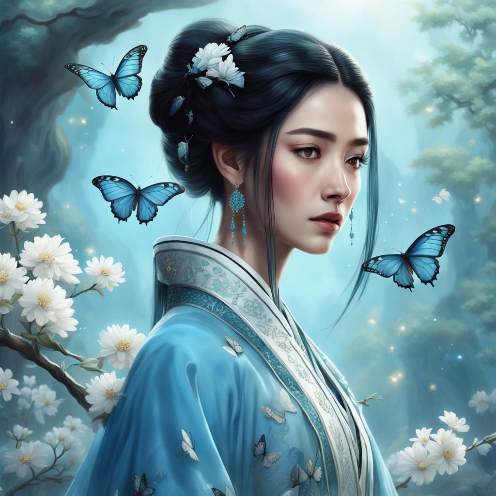 Woman in Moroccan Style Hanfu with Butterflies