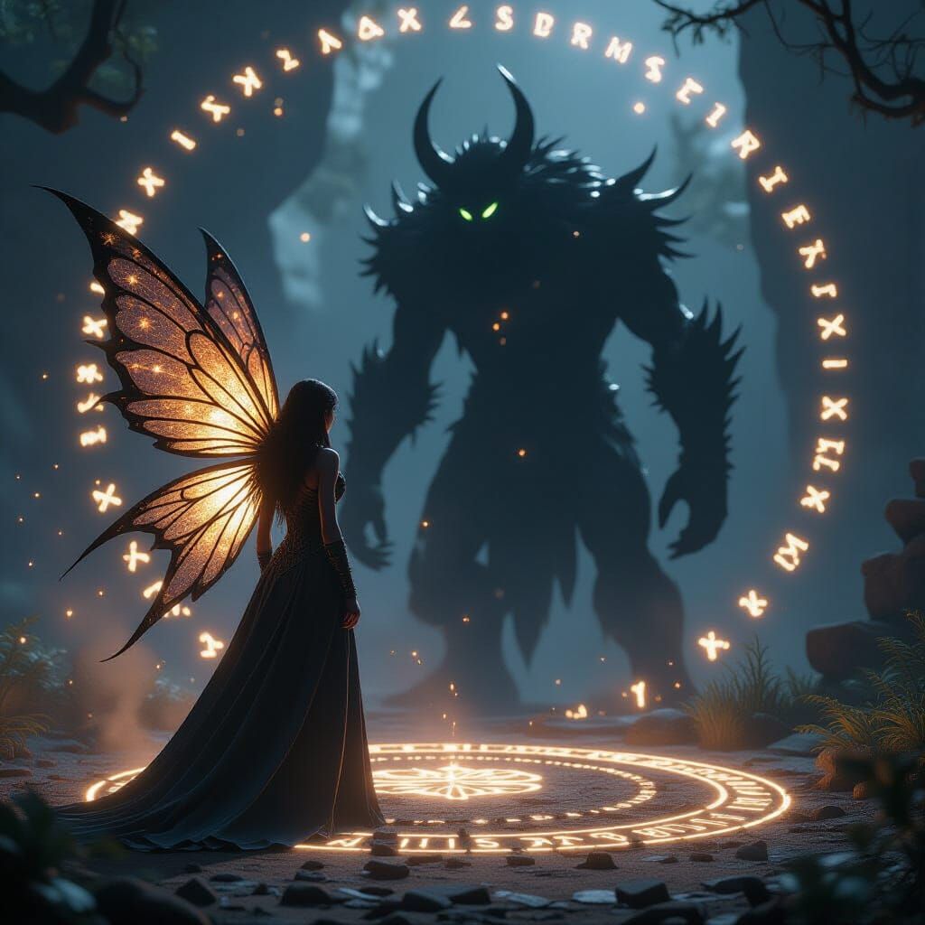Fairy Confronts Shadowy Creature in Ethereal Rune Circle