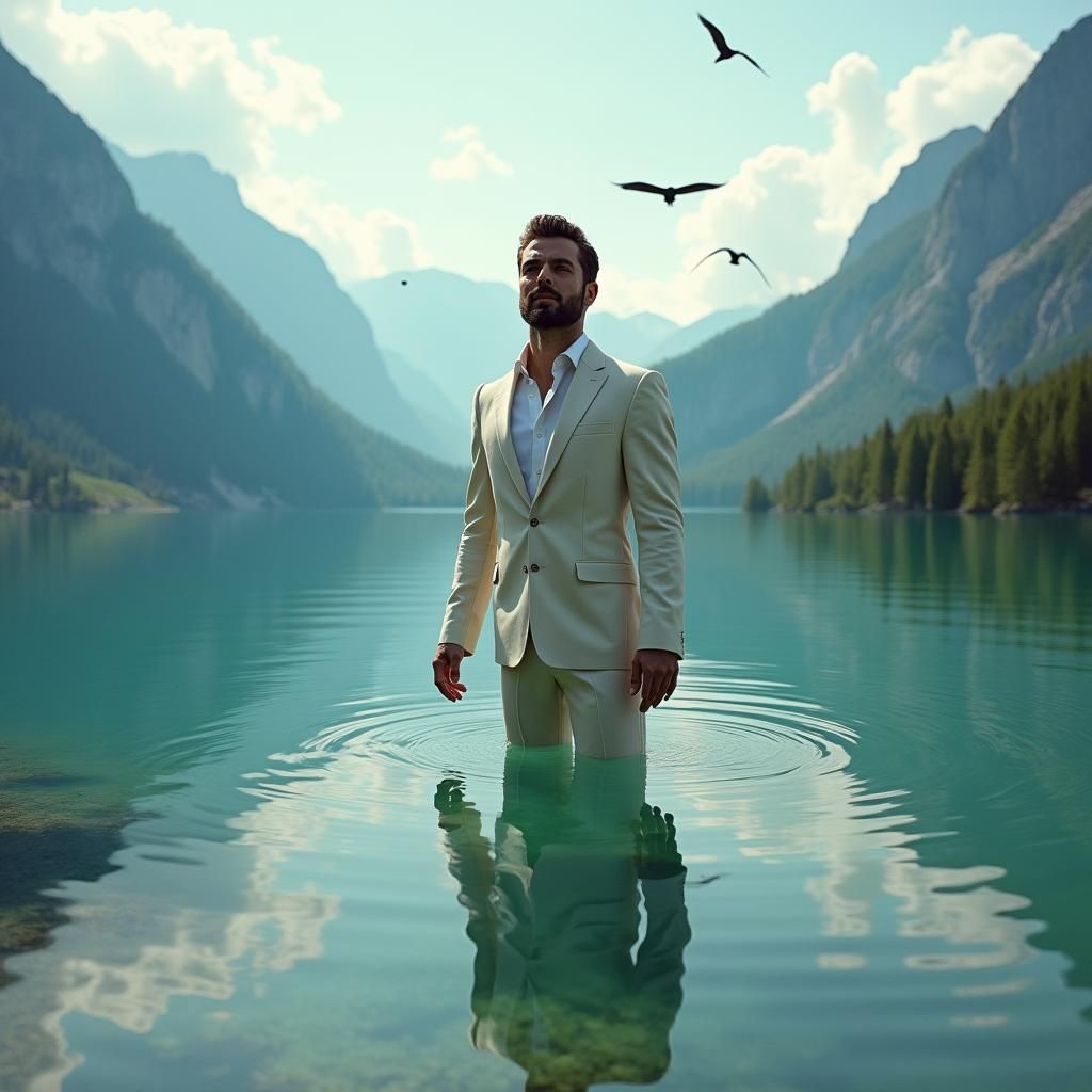 Proud Man Reflecting in Lake, Ash Thorp Style