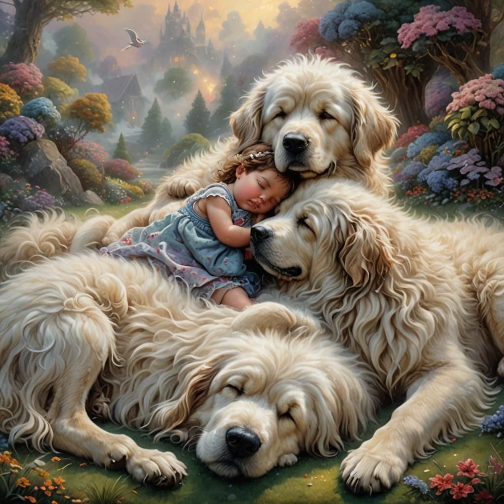 Baby Asleep on Dog in Ethereal Style