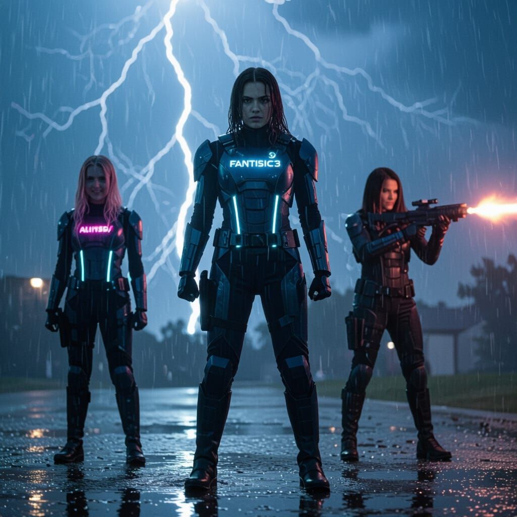 Teen Superheroes Stand in Stormy Night Rain