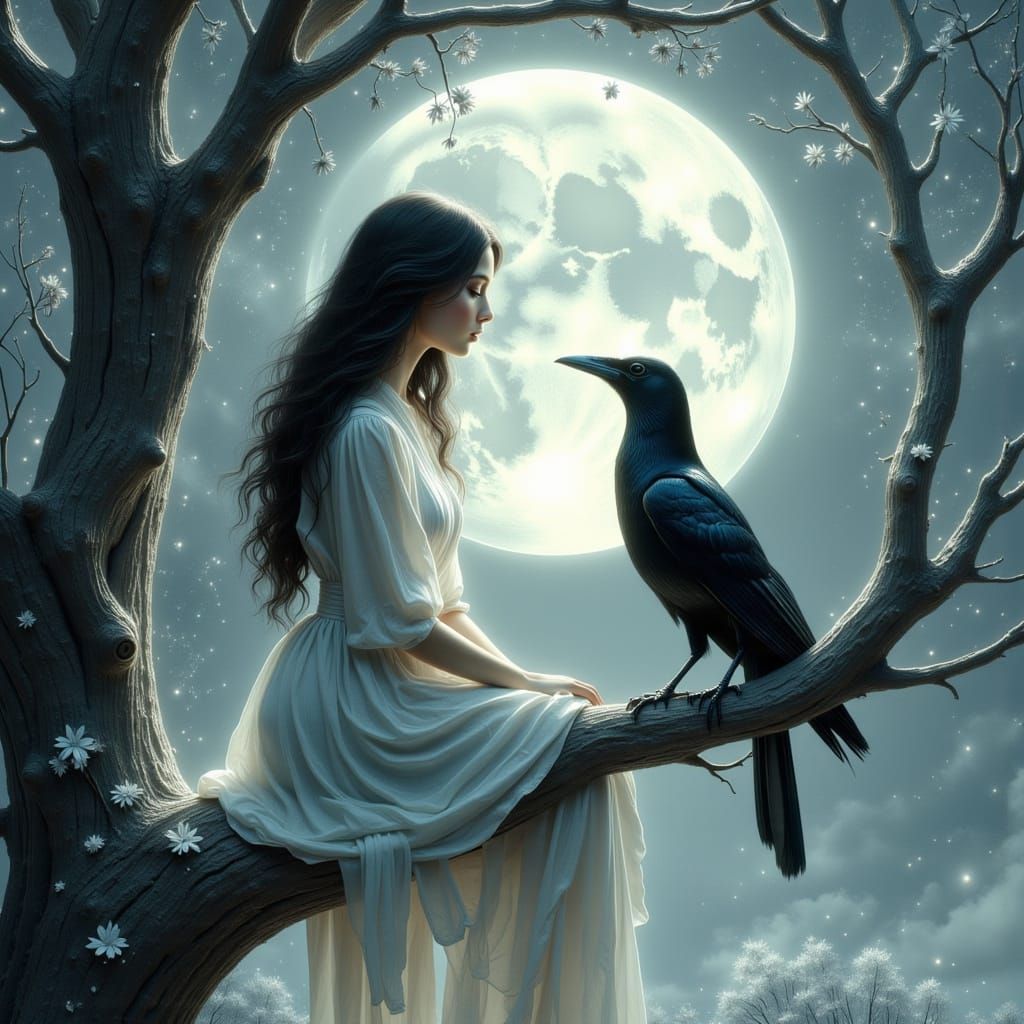 Ethereal Woman with Raven Gazing at Moon