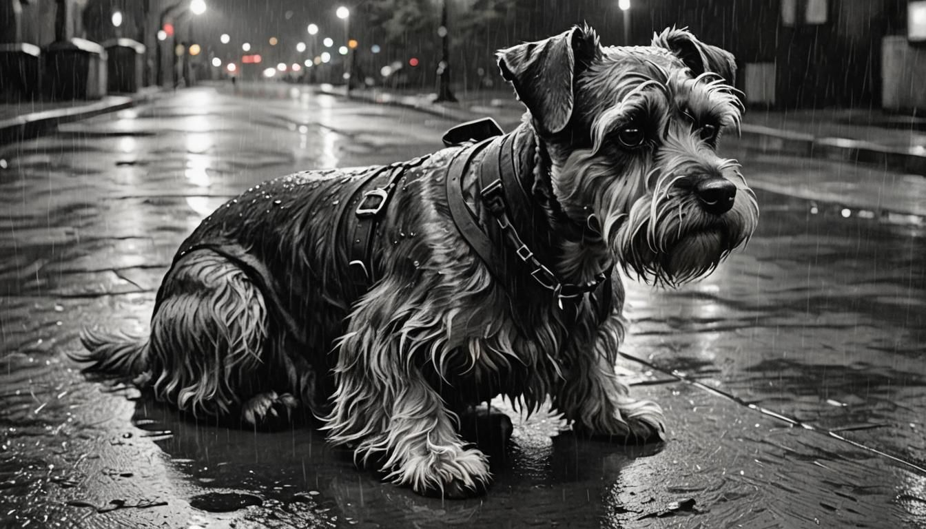 Sad Schnauzer Seeks Shelter: Charcoal Art