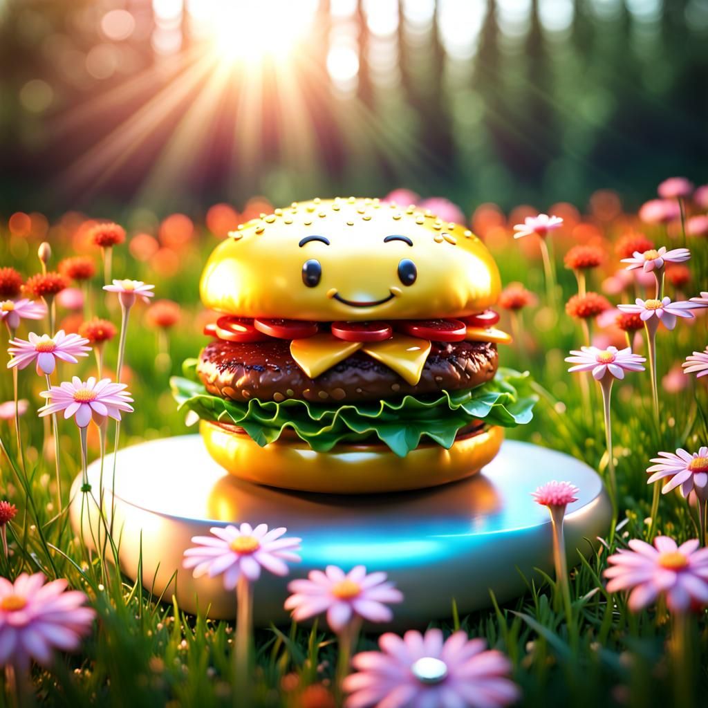 Epic Smiling Plastic Hamburger in Meadow: 3D Render