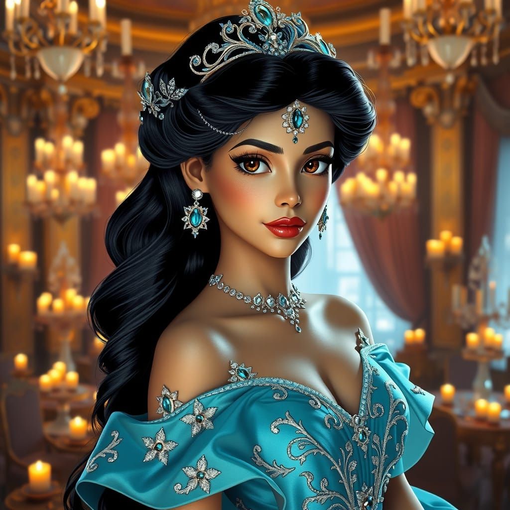 Turquoise Princess in a Golden Ballroom