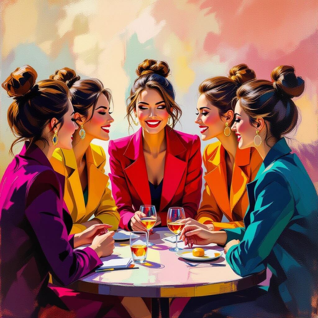 Impressionistic Oil Painting of Women in Vibrant Outfits