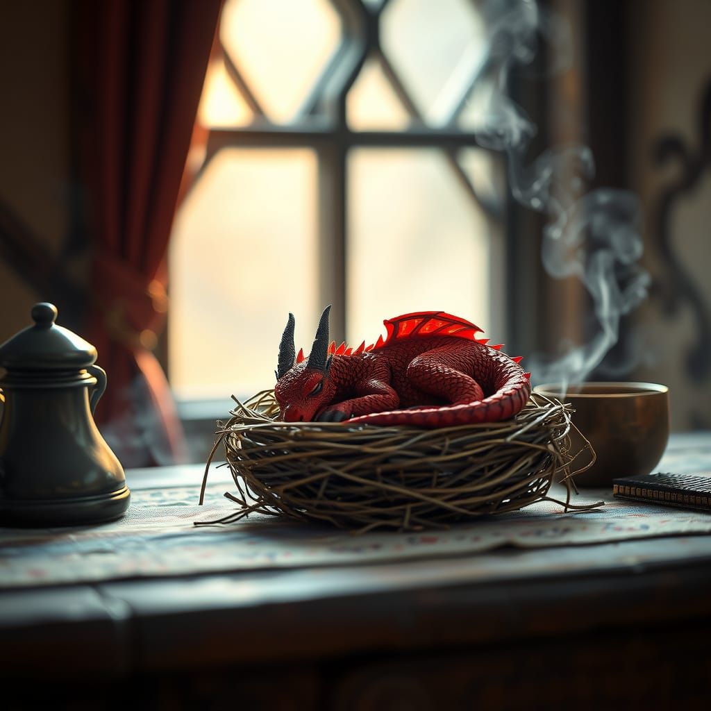 Medieval Wizard's Table Scene with Tiny Red Dragon