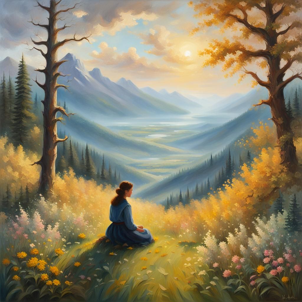 Mountain Meadow Oil Painting Inspired by Romanticism