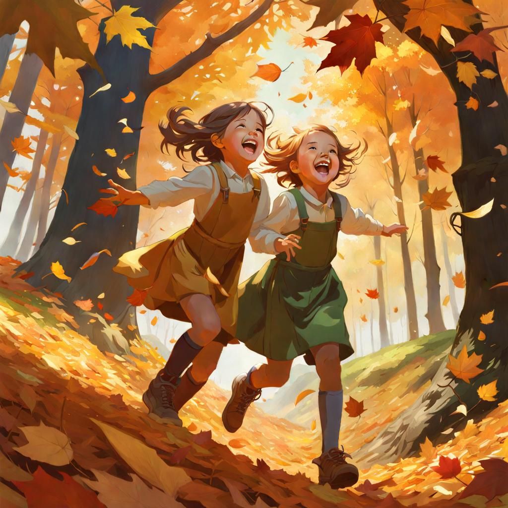 The twins are having the best time ever in the falling leave...