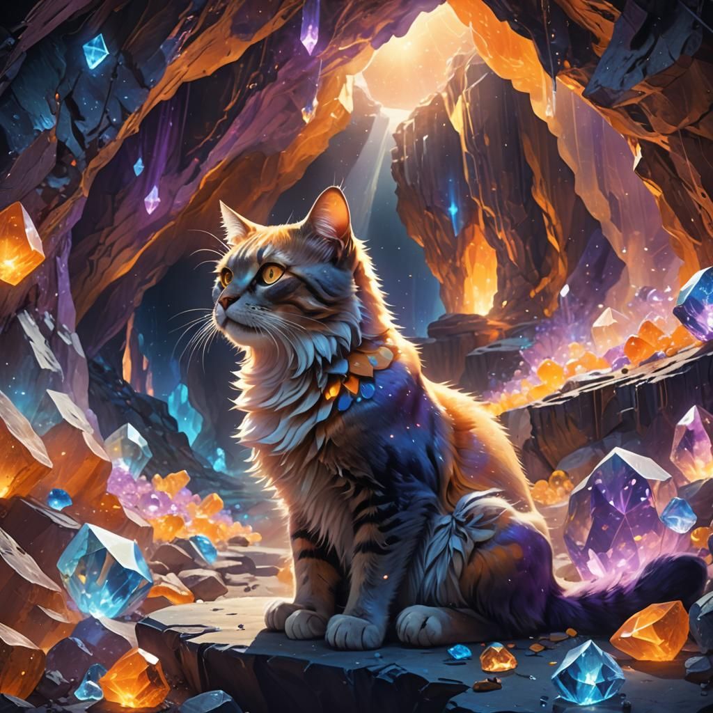 Dreaming Cat in Crystal Cave: Sci-Fi Fantasy Art