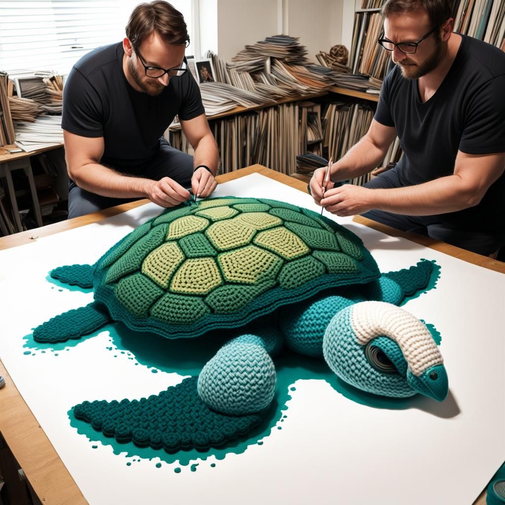 Giant Crochet Sea Turtle in Comic Book Style