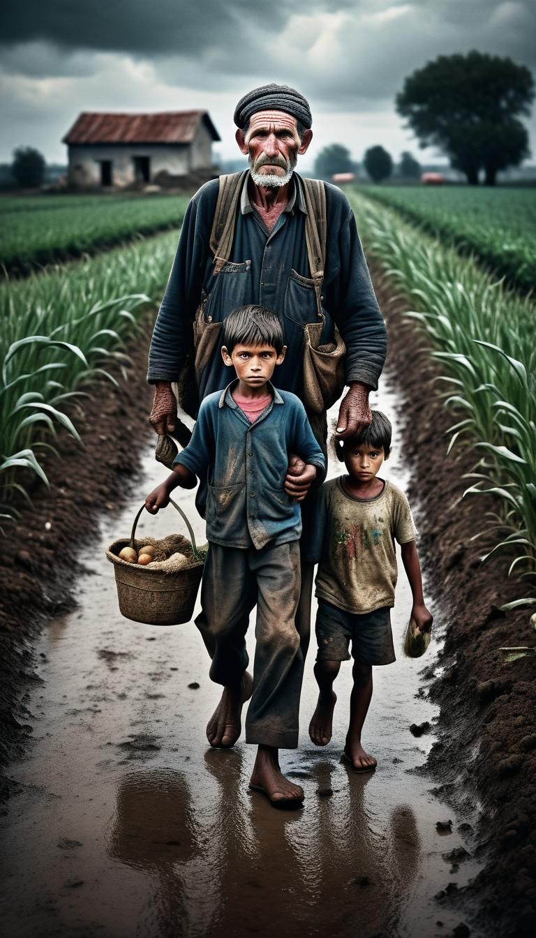 a farmer walking home with his children