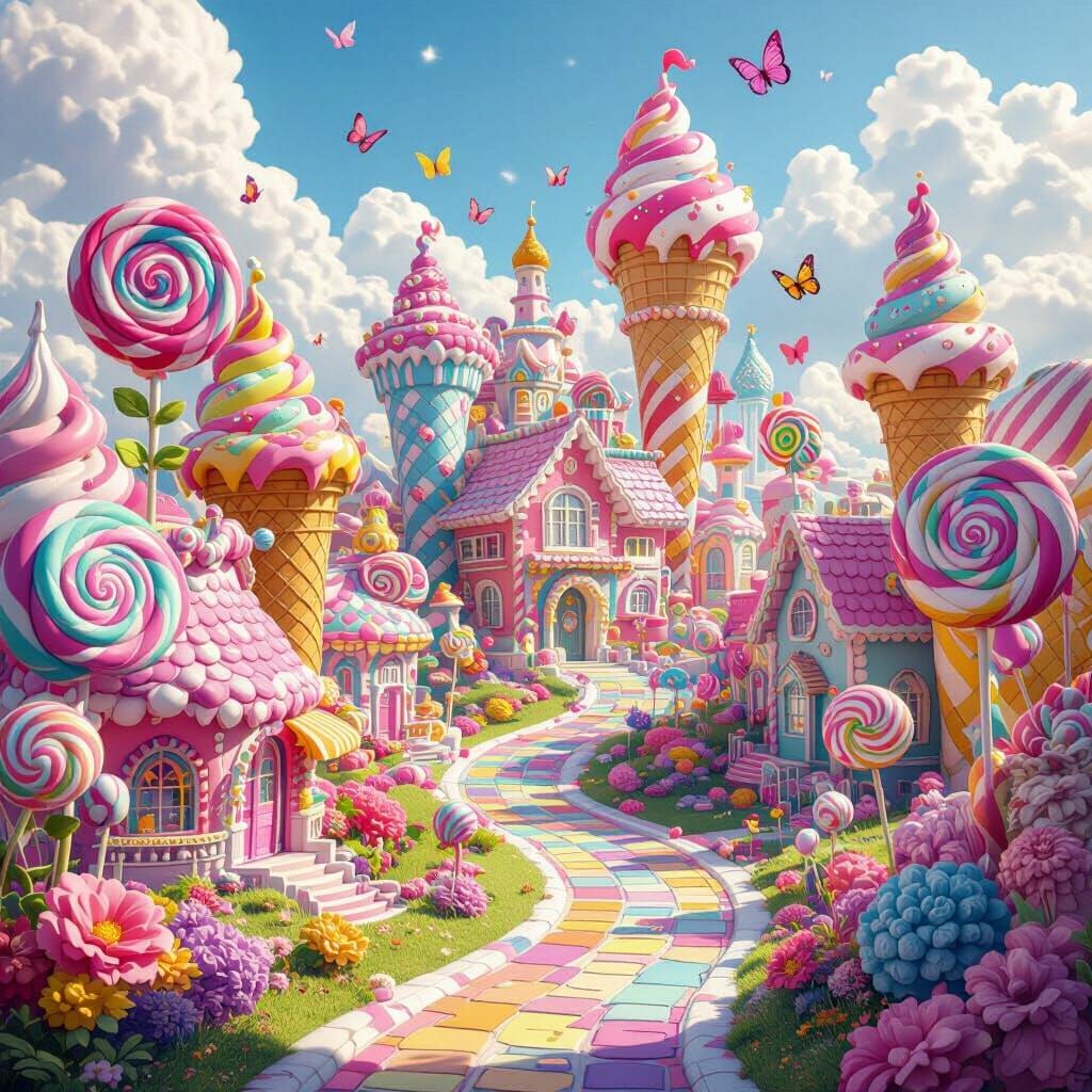 Colorful Candyland Town with Giant Flowers and Butterflies