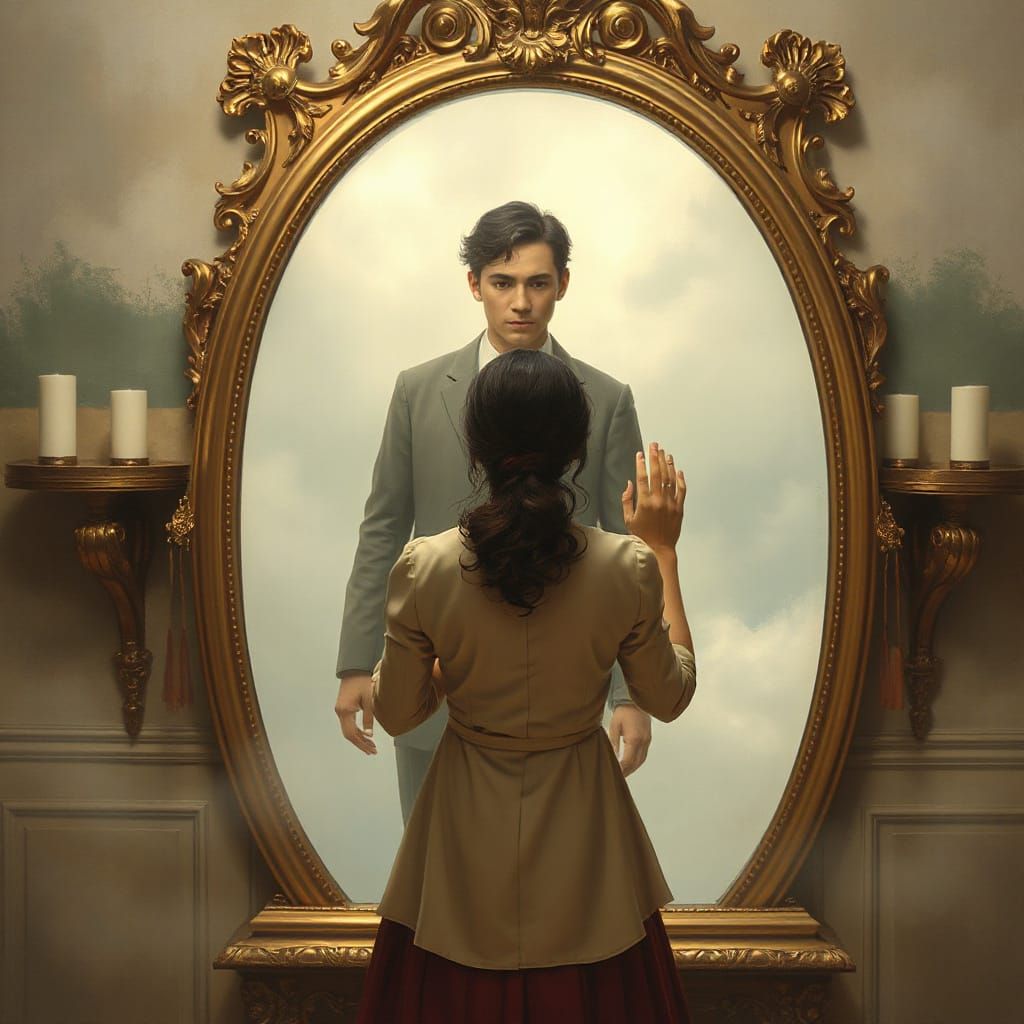 Ethereal Woman Reaching Into Mirror Fantasy