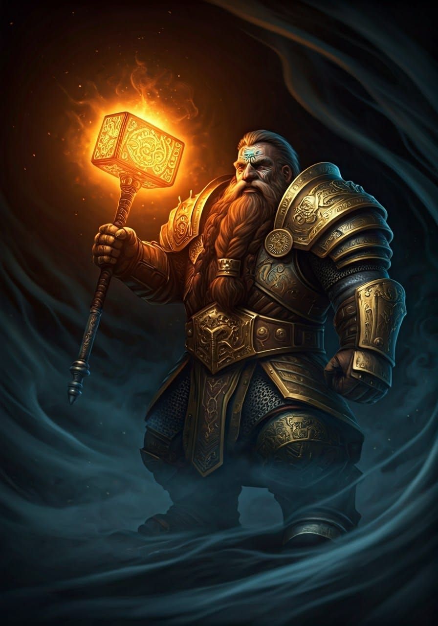 Dwarf Warrior with Mystical Warhammer in Ethereal Mist