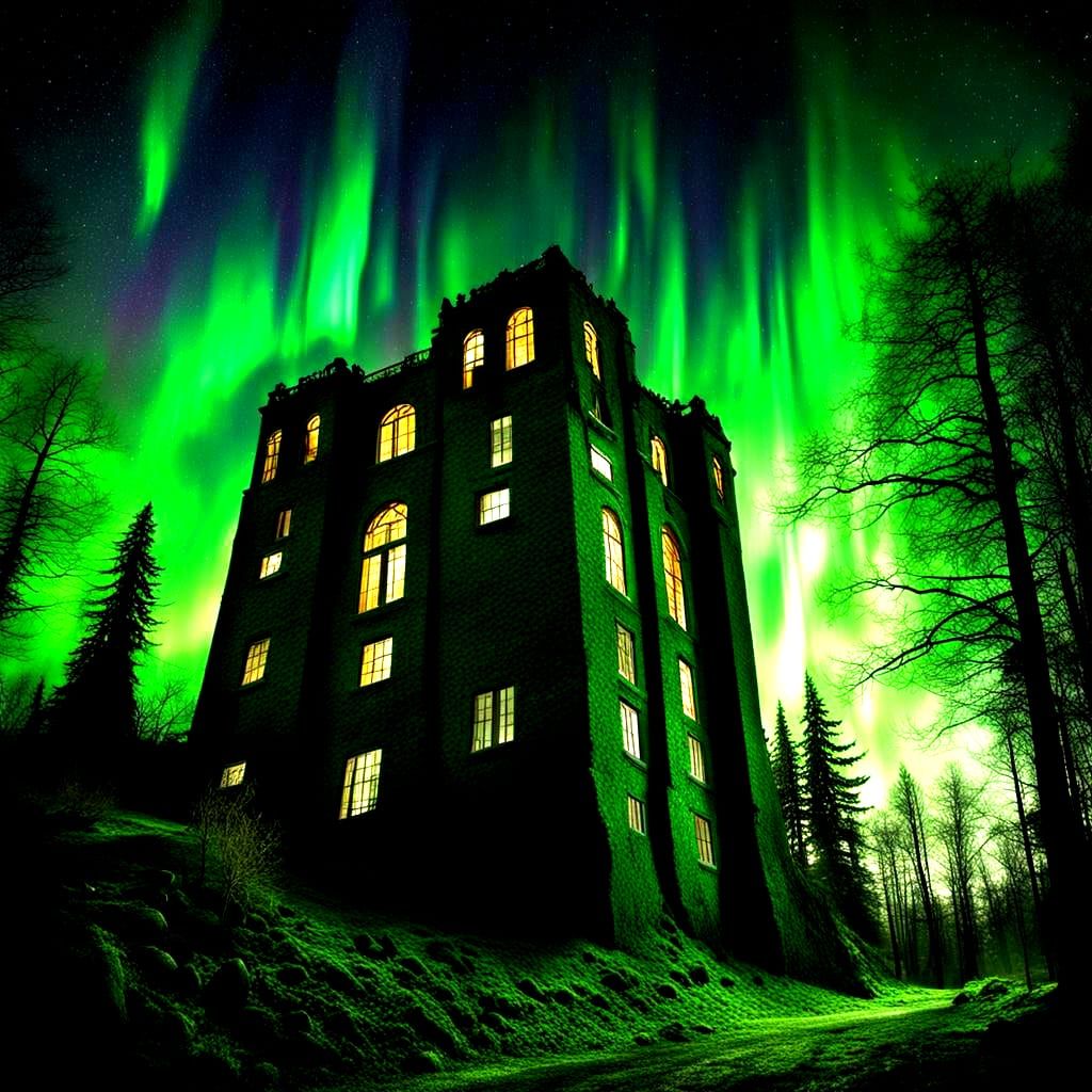 Green Aurora Illuminates Forest and Distant Building