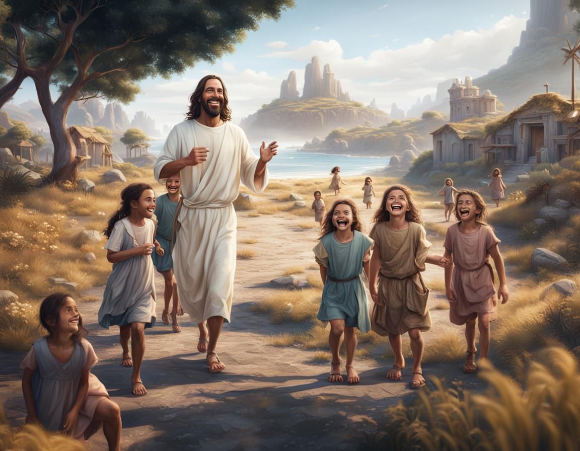 Jesus Smiling with Australian Children: Matte Painting